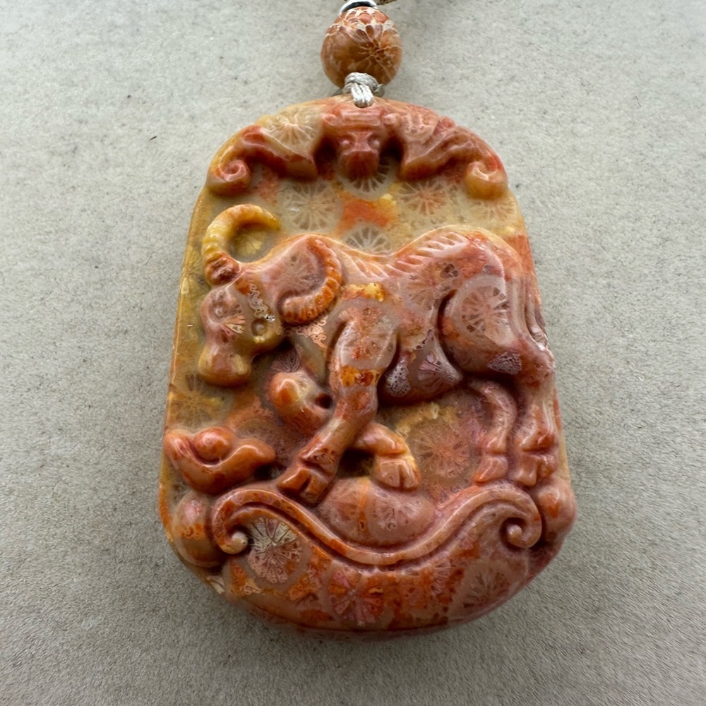 Coral Fossil Bull Pendant Necklace Silver Accent Adjustable Rope - Picture 4 of 9